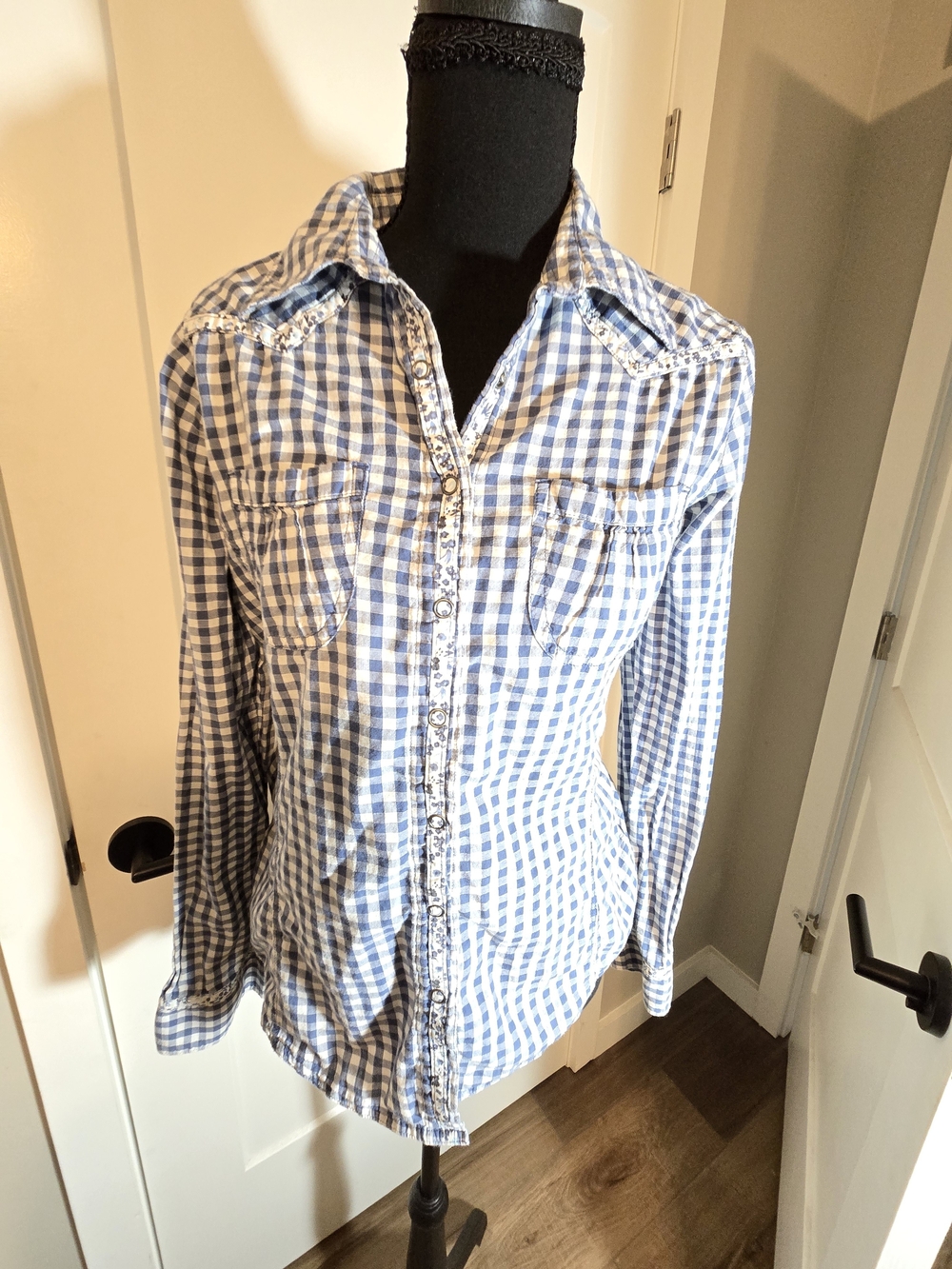Decree Blue & White Gingham Checked Western Button-Down Shirt